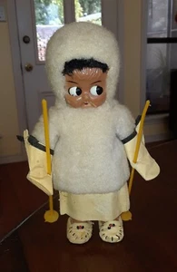 Vintage ESKIMO GIRL w/ SKI POLES ~ LEATHER & FLEECE DRESS & BLINK EYES - Picture 1 of 7
