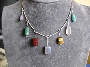 Vintage Sterling 925 Mid-Century Modernist Gemstone Dangle Necklace - Picture 1 of 10