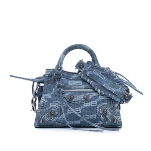 Authenticated Balenciaga BB Monogram Neo Cagole XS Blue Denim Fabric Satchel - Picture 1 of 10