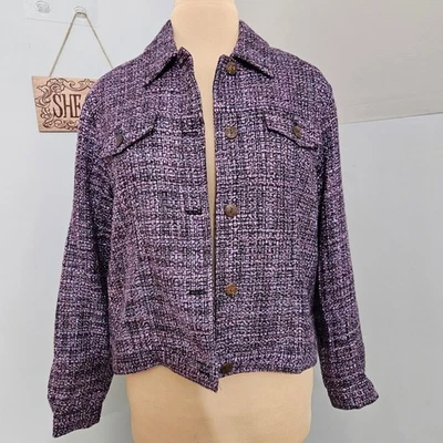 Chaqueta de tweed Coldwater Creek para mujer púrpura rosa negro carrera talla L Foto 1 de 4