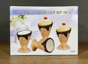 New In Box Ceramic Ice Cream Cup Bowl Set Of 4 Waffle Coned Design - Picture 1 of 6