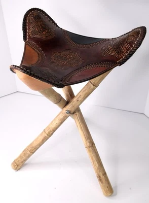 Vintage Hand Tooled Harley Davidson Tripod Saddle Seat  Leather Mexico - Image 1 of 4