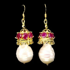 Mother Day 925 Silver Earrings Oval Ruby 5x4mm Pearl Natural Gemstone - Picture 1 of 13
