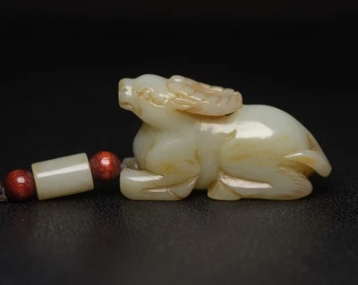 Berloque amuleto de boi do zodíaco estatueta de jade hetian esculpida à mão nefrita branca - Imagem 1 de 4