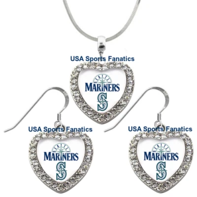 Seattle Mariners 925 Necklace or Earrings or Set Team Heart With Rhinestones - Image 1 of 4