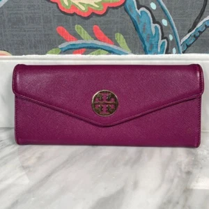 Tory Burch Continental Geldbörse Leder umlaufender Reißverschluss Clutch Pflaume Lila 7,5x4 - Bild 1 von 12