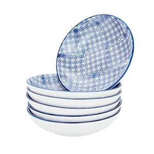 Large Pasta Bowls Dinner Set Patterned Porcelain Dining Bowl - Blue Flower x6 - Picture 1 of 5