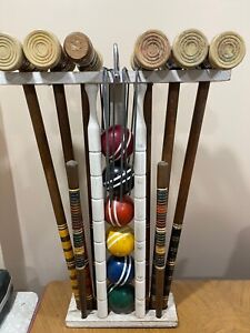 VINTAGE CROQUET SET ON STAND W/6 STICKS BALLS AND RODS GOOD CONDITION Forster(?)