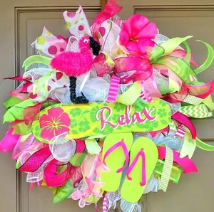 Large Summer Front Door Wreath Deco Mesh Flip Flop Pink Green Farmhouse Decor - Picture 1 of 6