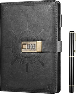 Black Journal with Lock, Refillable Faux Leather Lock Diary Notebook Planner - Picture 1 of 11