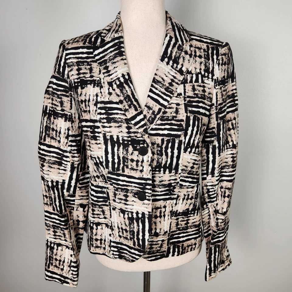 全新无标签 Calvin Klein 黑色白色棕褐色印花亚麻混纺西装外套 (4) #0573 — 第 1/4 张图片