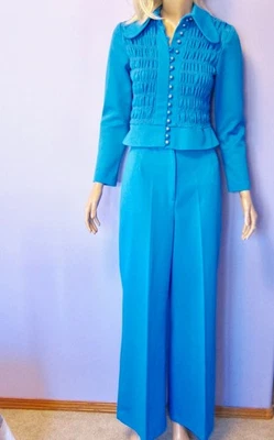 Vintage 70s RONDA ROY BLUE SMOCKED PANT SUIT Dog Ear Collar Mod Secretary Retro - Image 1 of 4