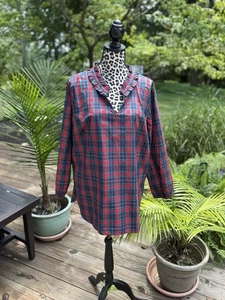 Blusa túnica a cuadros mágica cuello con volantes Talbots XL roja verde dorada azul nueva - Imagen 1 de 11