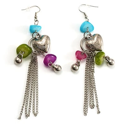 'Love' Heart Tassel Bead Drop Earrings(Silver Tone) - Imagem 1 de 4