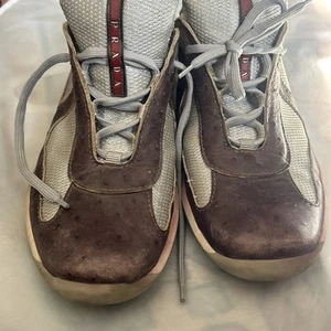 Prada Gold Mesh Brown Ostrich Leather Sneaker Size 10 - Imagen 1 de 11