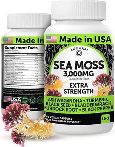Lunakai USA Made Irish Sea Moss Capsules - 9000mg Extra Strength Immune Support - Picture 1 of 9