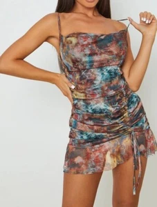 Bodycon-Kleid/Top Damen Ladies PLT MULTI TIE DYE PRINT Mesh Rüschen - Bild 1 von 5