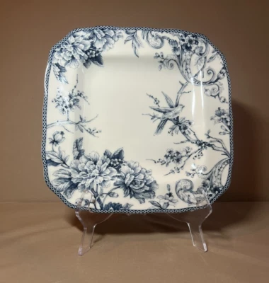 222 FIFTH ADELAIDE BLUE SQUARE DINNER PLATE NEW - FLOWER BIRD DESIGN, MULTIPLES - Image 1 of 4