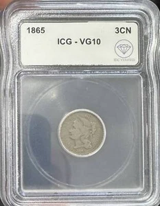 1865 Three Cents Nickel ICG VG10 IDC Verified - Picture 1 of 2