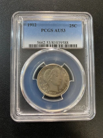 1912 BARBER QUARTER PCGS AU-53 - ABOUT UNCIRCULATED - SILVER QUARTER - 25C Cover