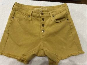 Universal Threads Sz 2/26 Mustard Denim Raw Hem Cut Off Hi Rise Midi Shorts - Picture 1 of 7