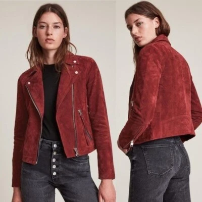 All Saints Dalby Suede Biker Jacket in Garnet Red US: 6 NWT New - Image 1 of 4