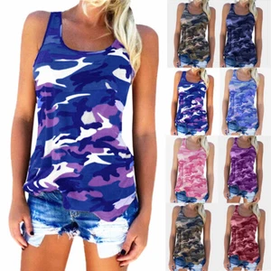 Womens Camo Sleeveless Vest Tops Ladies Casual Loose T Shirt Tee Plus Size 6-24 - Picture 1 of 13