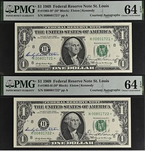 2-Consecutive 1969 $1 FRN -PMG 64EPQ - Dual Autograph Star Notes- Elston/Kennedy - Picture 1 of 5