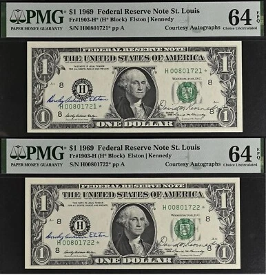 2-Consecutive 1969 $1 FRN -PMG 64EPQ - Dual Autograph Star Notes- Elston/Kennedy - Image 1 of 4