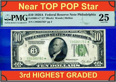 1928A $10 Federal Reserve Note PMG 25 total 5 known Philadelphia star Fr 2001-C* - Image 1 of 4