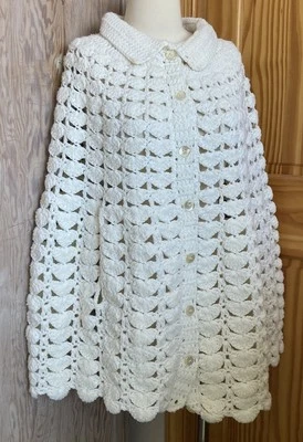 Vintage Handmade Cottagecore White Pointelle Knit Crocheted Seashell Cape - Image 1 of 4