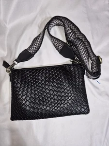 Bolso Cartera Tejido Negro Imitación Cuero Cremallera con Correa de Guitarra Bandolera - Imagen 1 de 14