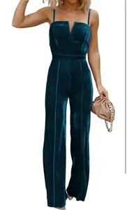 BLENCOT ärmellos Samt Jumpsuits Medium Winter V-Ausschnitt Spaghettiträger blau - Bild 1 von 4