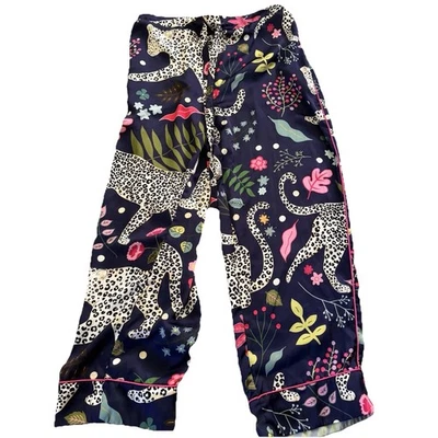 Karen Mabon Satiny Pajama Pants Bottom Size XS-S Snow Leopard On Dark Blue Long - Image 1 of 4