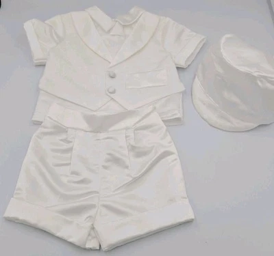 Novo Conjunto Formal de Terno de Cetim Branco Bebê Criança Menino Batismo 3 Peças - Imagem 1 de 4