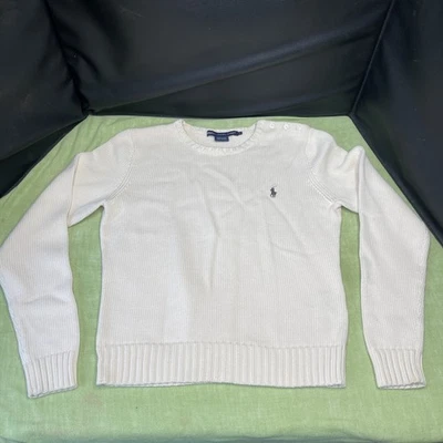Suéter Ralph Lauren Deportivo Para Mujer L Crema Algodón Tejido Botón Hombro Poni Logo Foto 1 de 4