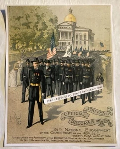 1890 GUERRA CIVIL GAR BOSTON MASSACHUSETTS CAMPAMENTO NACIONAL VETERANOS BANDERAS SOMBREROS+ - Imagen 1 de 3