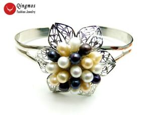 Natural Multicolor Rice Pearl Flower Silver Plate Open Cuff Bracelets for Women