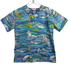 Fashion Scrubs Size XS Scrub Top Manatee Ocean Pattern Has Pockets Medical Nurse - Picture 1 of 6