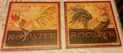 SET OF 2 KITCHEN WALL CANVAS DECOR PICTURES, 10" x 10", ROOSTER on light canvas Cover