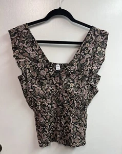 Old Navy Black / Pink Floral Print Ruffled Cap Sleeve V-Neck Top / Blouse Sz M - Picture 1 of 5