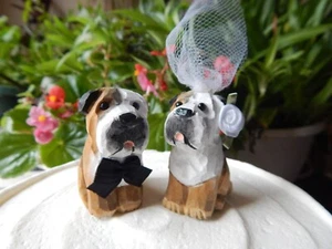 Bulldog Dogs Cake Topper Bride Groom Love Wedding Engagement Wood Statue - Picture 1 of 5