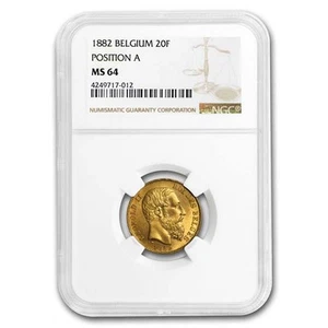 1882 Belgium Gold 20 Francs Leopold II MS-64 NGC (Position A) - Picture 1 of 3