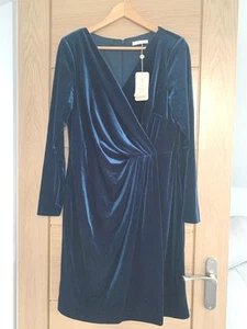 Jacques Vert Größe 14 blau Samt gerafftes Kleid Party Anlass Hochzeit formell neu mit Etikett - Bild 1 von 9