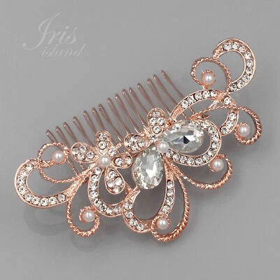Bridal Hair Comb Pearl ROSE GOLD Crystal Headpiece Wedding Accessories Pin 06509 - Image 1 of 4
