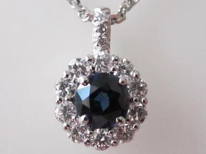 Elegant 14k. White Gold Blue Sapphire & Diamond Halo Pendant, New - Picture 1 of 10