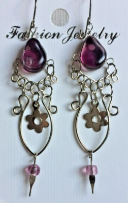 Purple Glass Dangle / Drop Hook Earrings With A Wirework Design. (#26) - Image 1 of 2