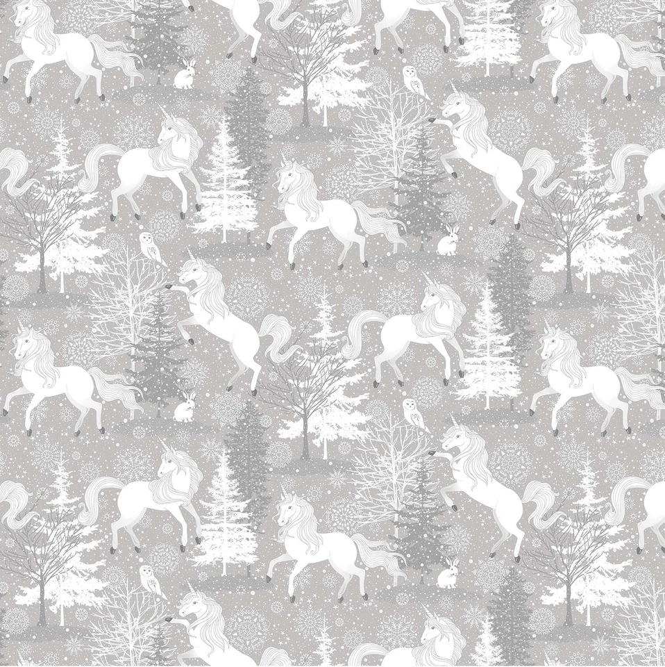 Christmas Fabric | Enchanted Unicorn Snowy Forest Glitter Gray | Northcott YARD - Image 1 of 1
