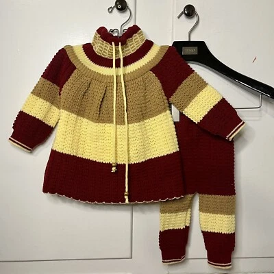 Vintage 70s Girls Cream Tan Red Crochet Tunic and Leggings Set  - Image 1 of 4