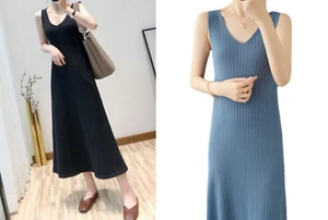 Vestido suéter sin mangas para mujer tejido ajustado cuello en V ceñido al cuerpo midi elástico - Imagen 1 de 5